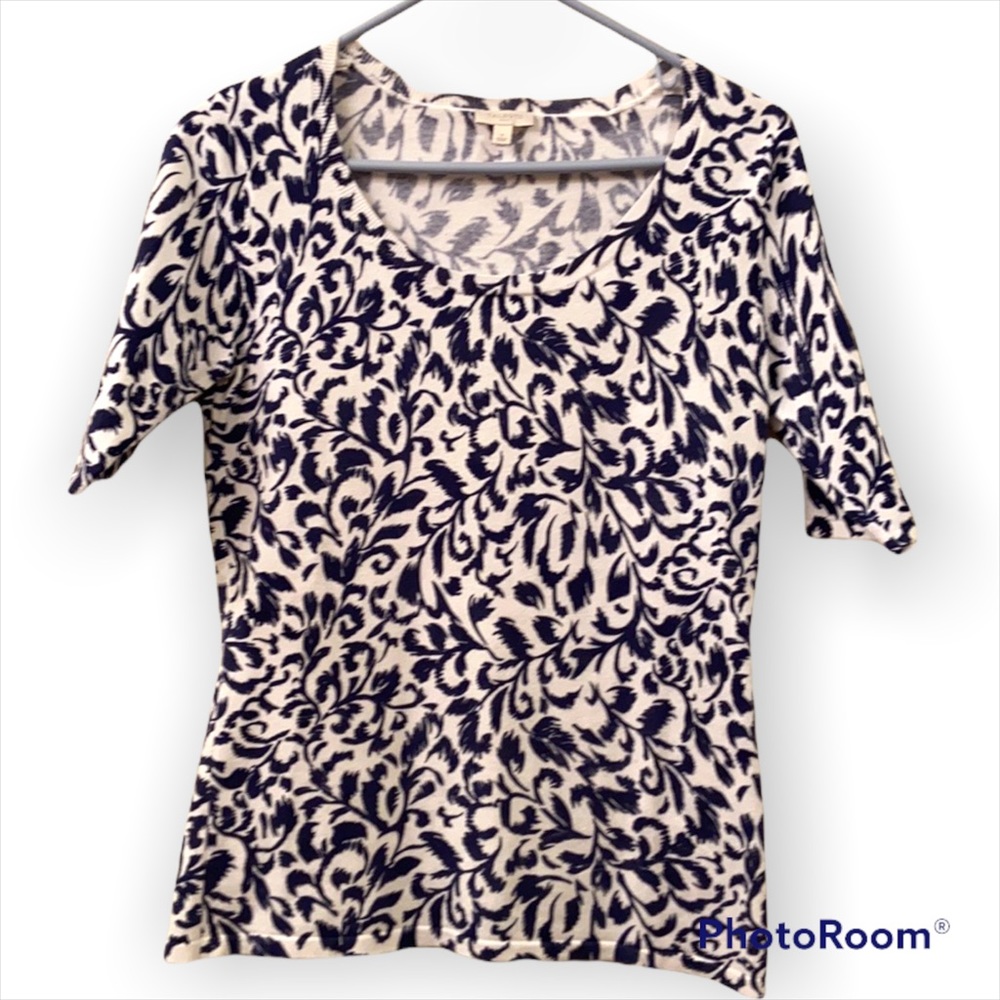 #47Talbots Sweater Lightweight Short Sleeve White Navy Leaf Print WM SZ S Cotton